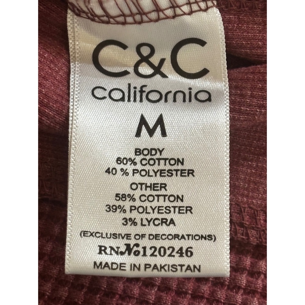 C&C California Womens Waffle Knit V-Neck Thermal Top Burgundy Red Medium - Picture 5 of 8
